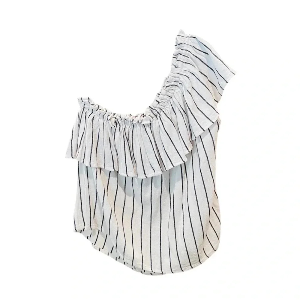 Billabong Wonderland women’s one-shoulder ruffle top rayon SZ S ivory black